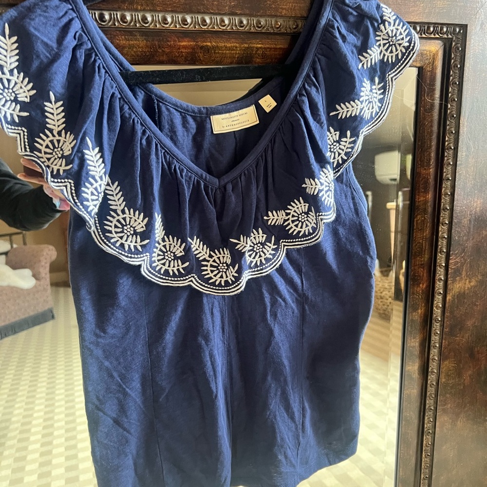 Anthropologie Navy with White Floral Embroidery size large